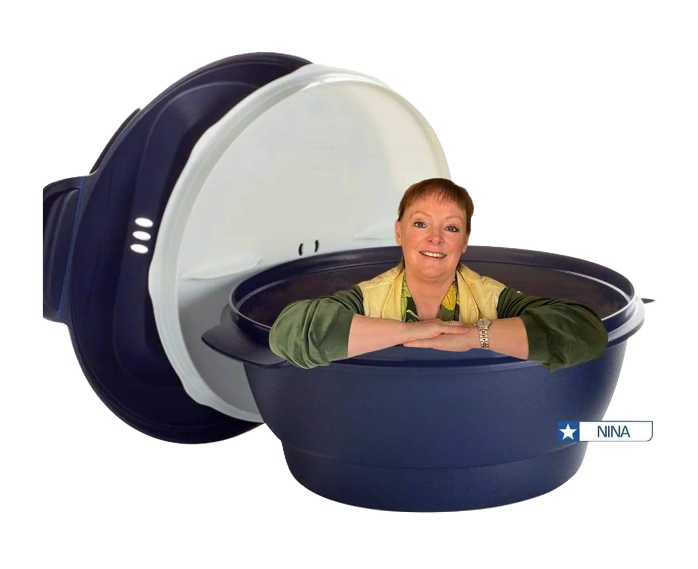 Nina in een grote UltraPro-pan, met een knipoog gemaakte foto